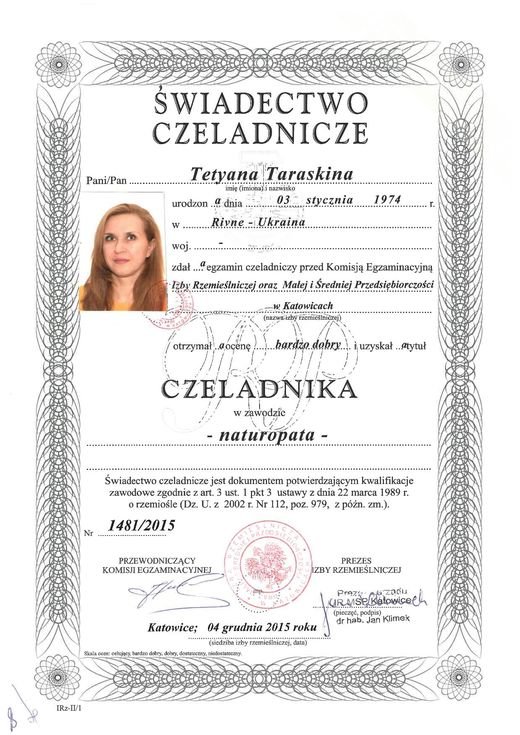 Certyfikat 1 — Tetyana Taraskina, SAUDEMED