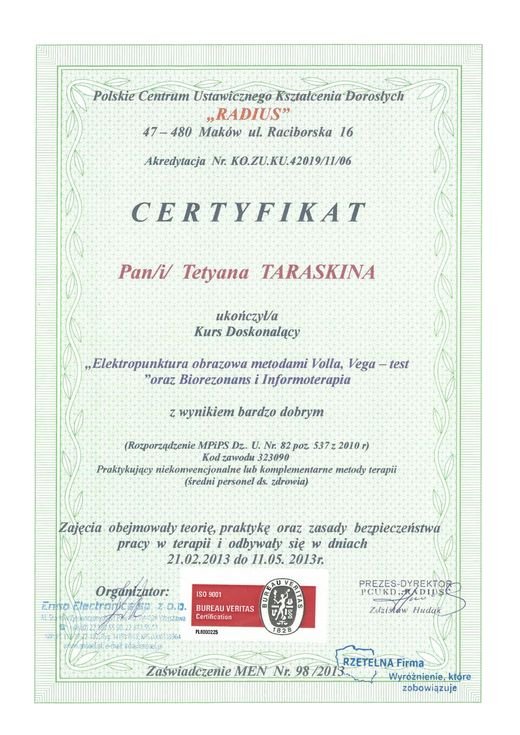 Certyfikat 10 — Tetyana Taraskina, SAUDEMED